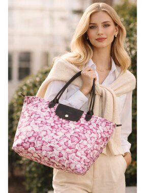 Longchamp Le Pliage Floral Tote Bag Pink White Nylon Leather Large Shoulder Bag